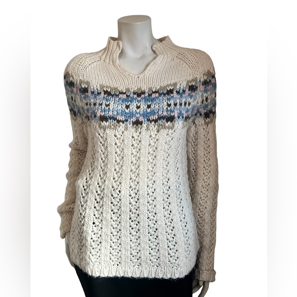 Caslon Cable Knit Fair Isle Multi color Mock V Long Sleeve Sweater Medium